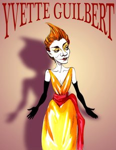 Yvette Guilbert, caricatura, con scritte in stile poster belle époque